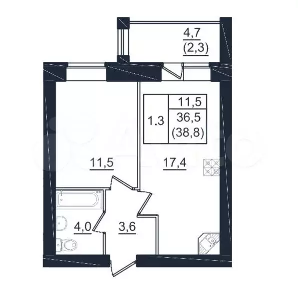 1-к. квартира, 38,8 м, 8/8 эт. - Фото 0