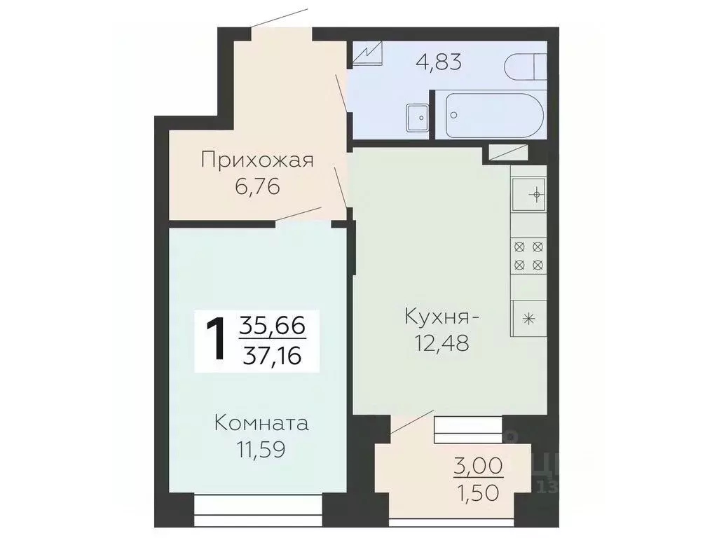 1-к кв. Воронежская область, Воронеж Электросигнальная ул., 9А (37.16 ... - Фото 0