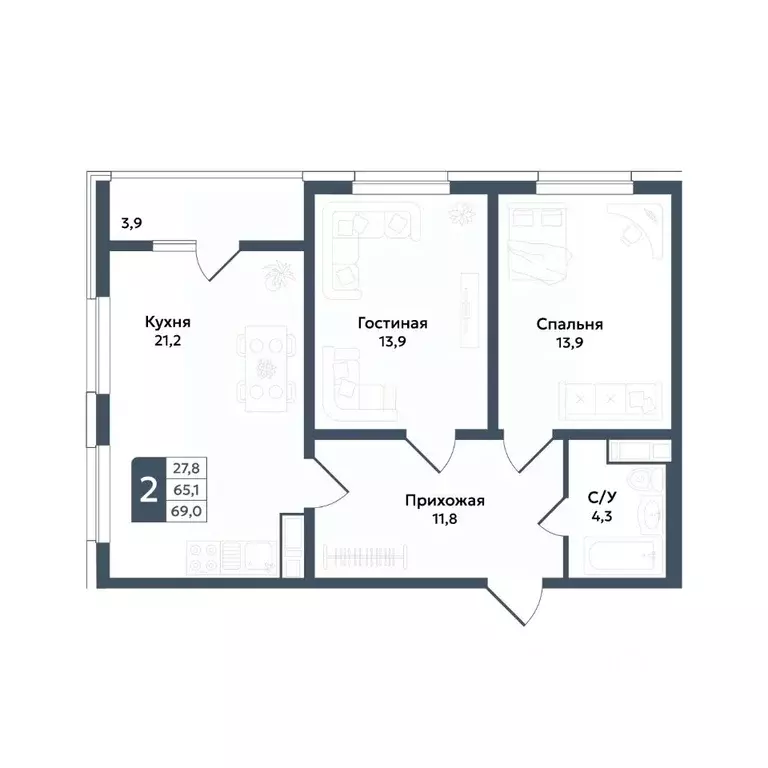 2-к кв. Ставропольский край, Ставрополь ул. Андрея Голуба, 11Б (69.0 ... - Фото 1