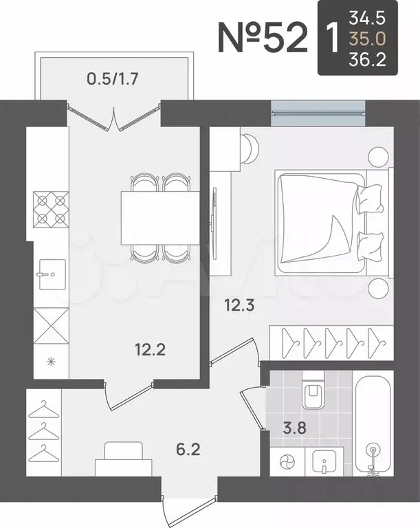 1-к. квартира, 35 м, 4/5 эт. - Фото 0