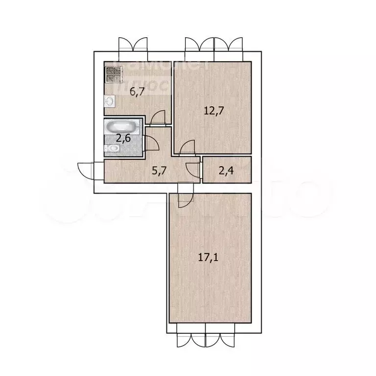 2-к. квартира, 47,1 м, 1/5 эт. - Фото 0