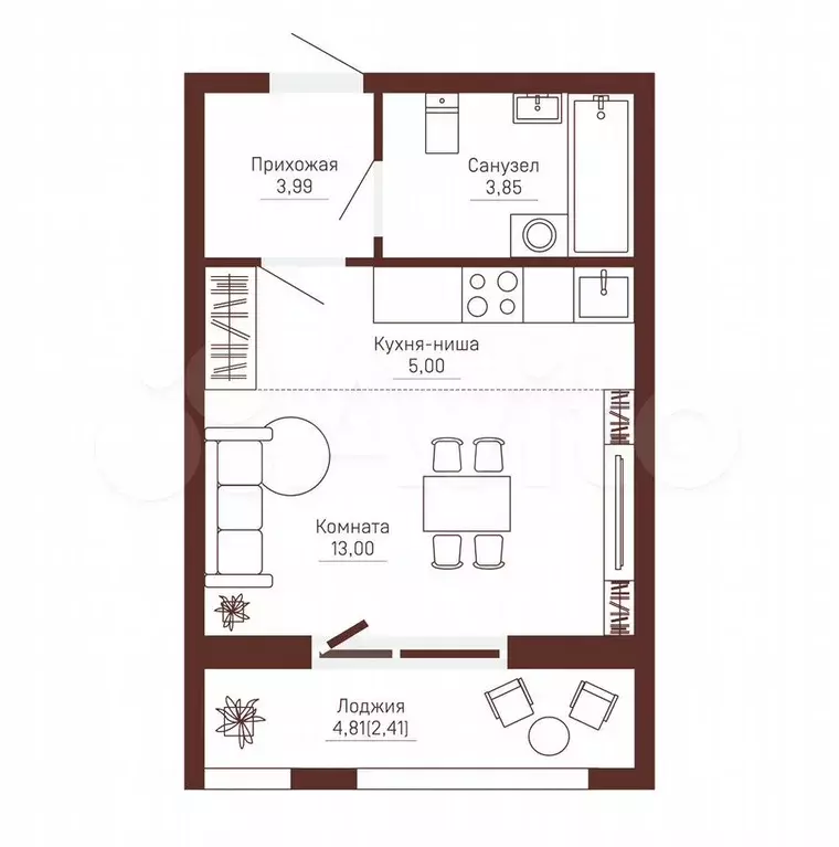Квартира-студия, 28,3 м, 7/10 эт. - Фото 0