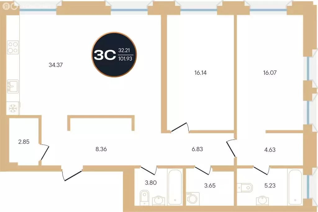 3-комнатная квартира: Уфа, улица Рихарда Зорге, 73/1 (101.93 м) - Фото 0