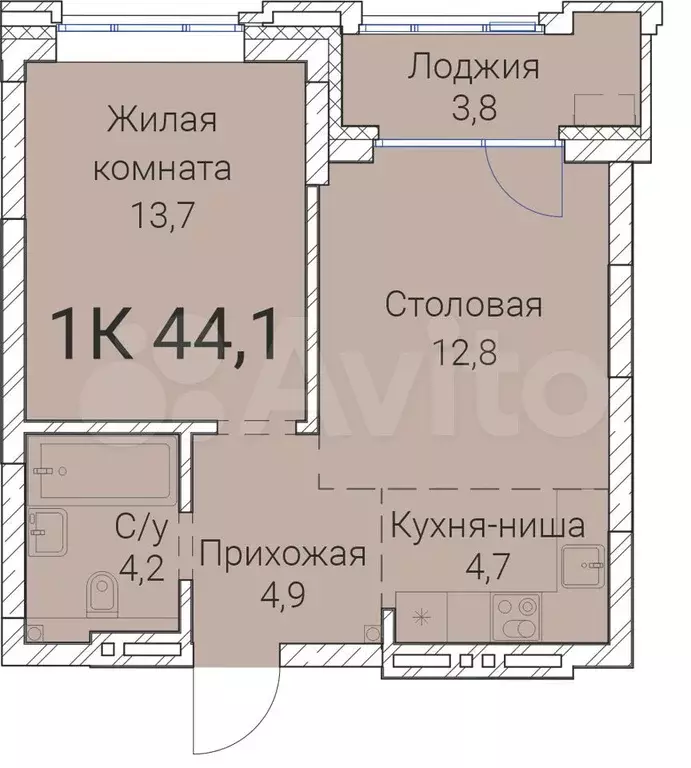 1-к. квартира, 44,1 м, 15/25 эт. - Фото 0