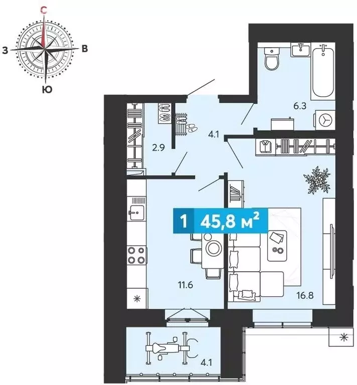 1-комнатная квартира: Засечное, микрорайон Город Спутник (45.8 м) - Фото 1