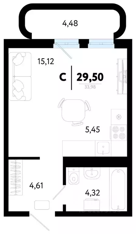 1-к кв. Тюменская область, Тюмень ул. Василия Малкова, 32 (29.5 м) - Фото 0