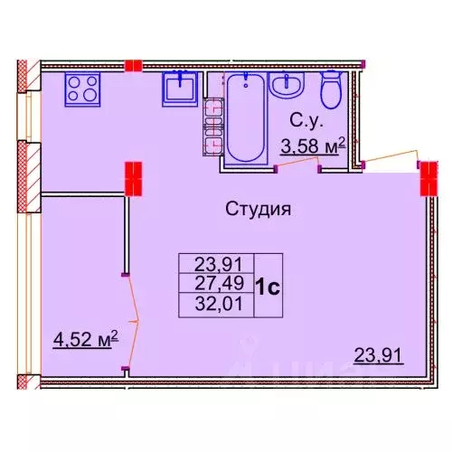 Студия Ивановская область, Иваново Лежневская ул., 98 (32.01 м) - Фото 0