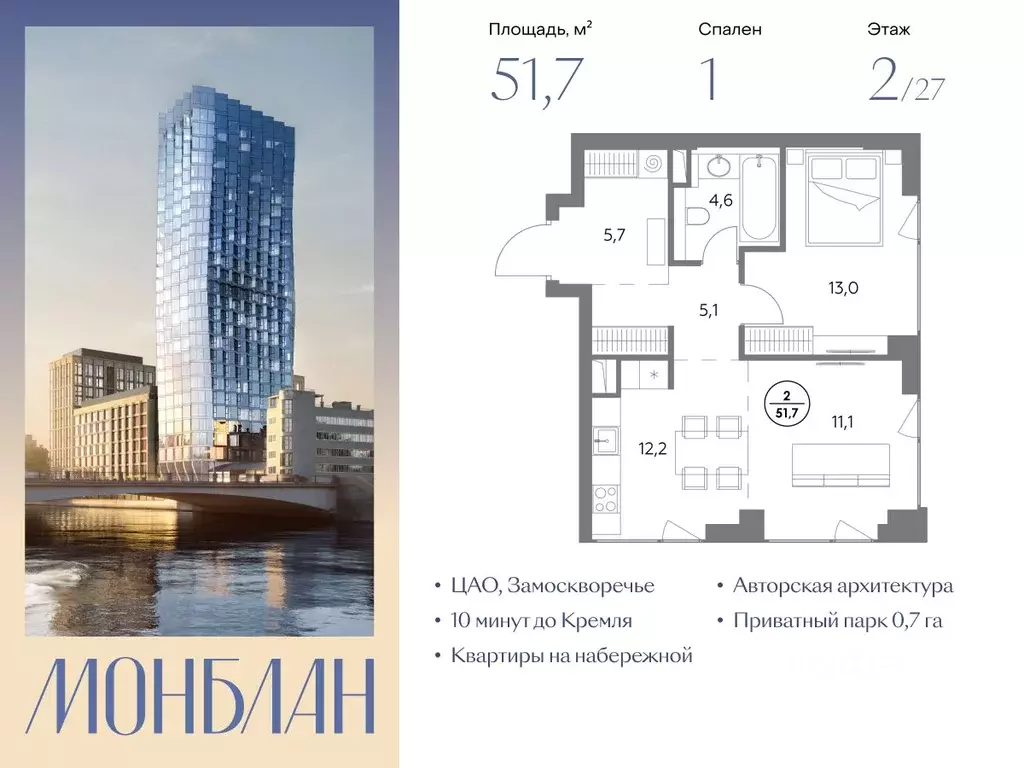 1-к кв. Москва Шлюзовая наб., 2/1С1 (51.7 м) - Фото 1