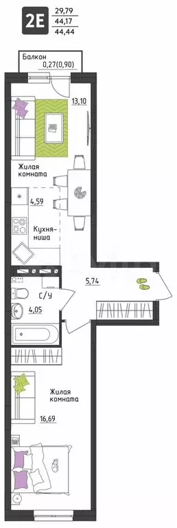 2-к. квартира, 44,4 м, 1/4 эт. - Фото 0