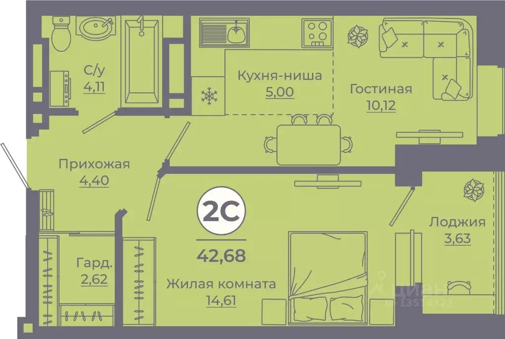 2-к кв. Ростовская область, Ростов-на-Дону ул. Еременко, 113 (42.68 м) - Фото 0