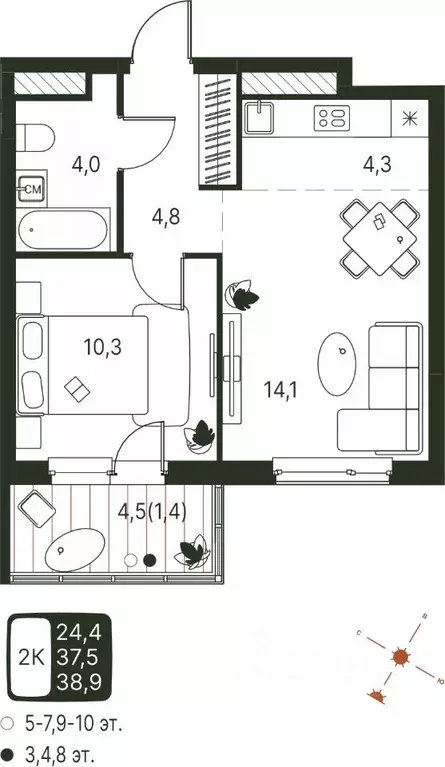 Студия Пермский край, Пермь ул. Серебристая, 1 (38.9 м) - Фото 1