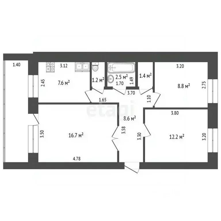 3-к кв. Башкортостан, Стерлитамак Железнодорожная ул., 68 (59.0 м) - Фото 2