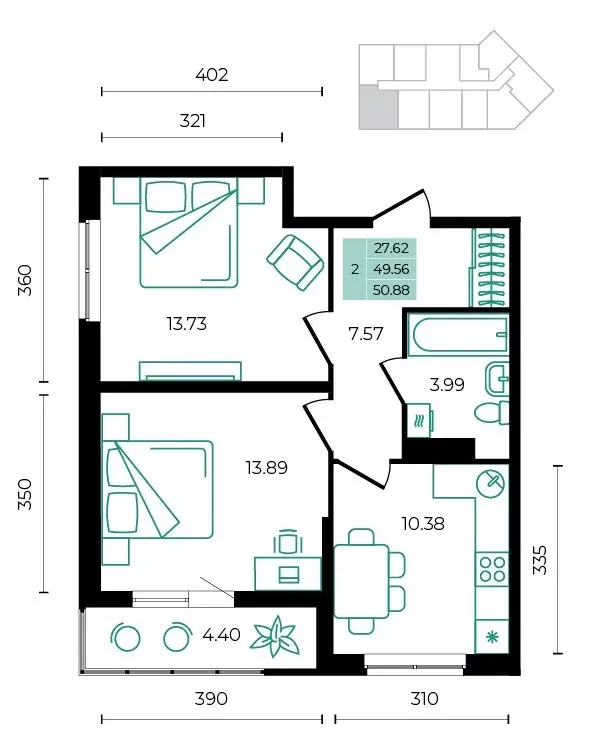 2-комнатная квартира: Майкопский район, посёлок Тульский (50.88 м) - Фото 0