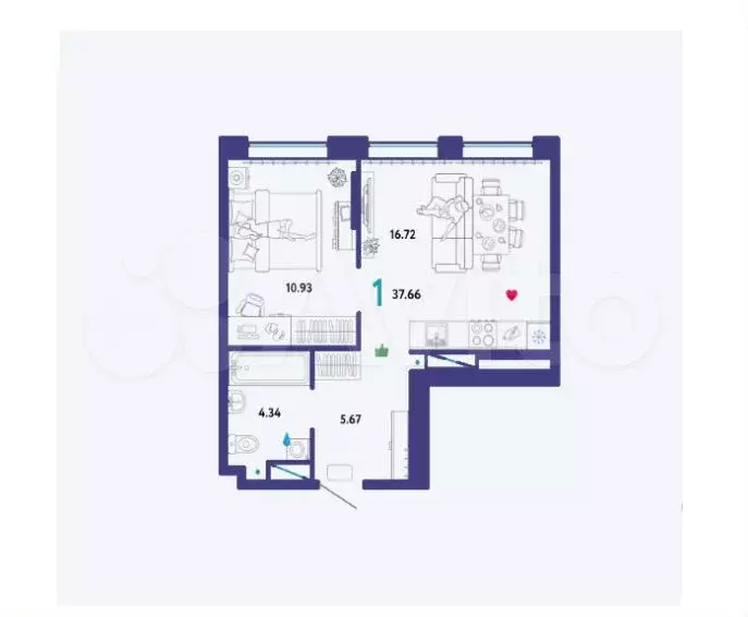 1-к. квартира, 37,6 м, 12/16 эт. - Фото 1