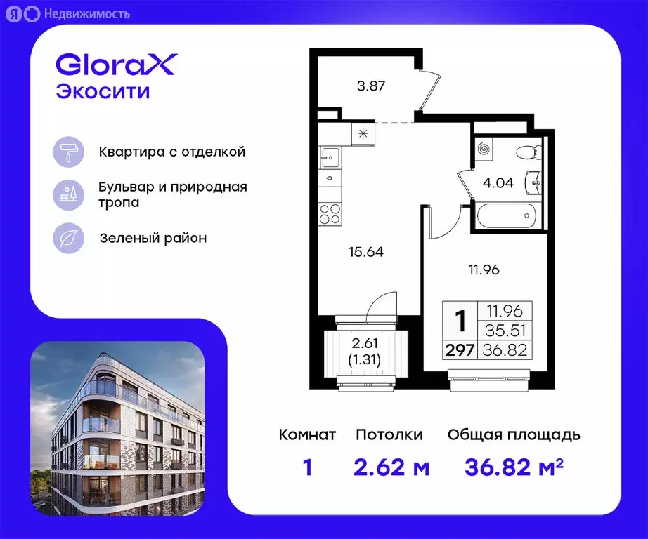 1-комнатная квартира: Казань, ЖК Глоракс Экосити (36.82 м) - Фото 0