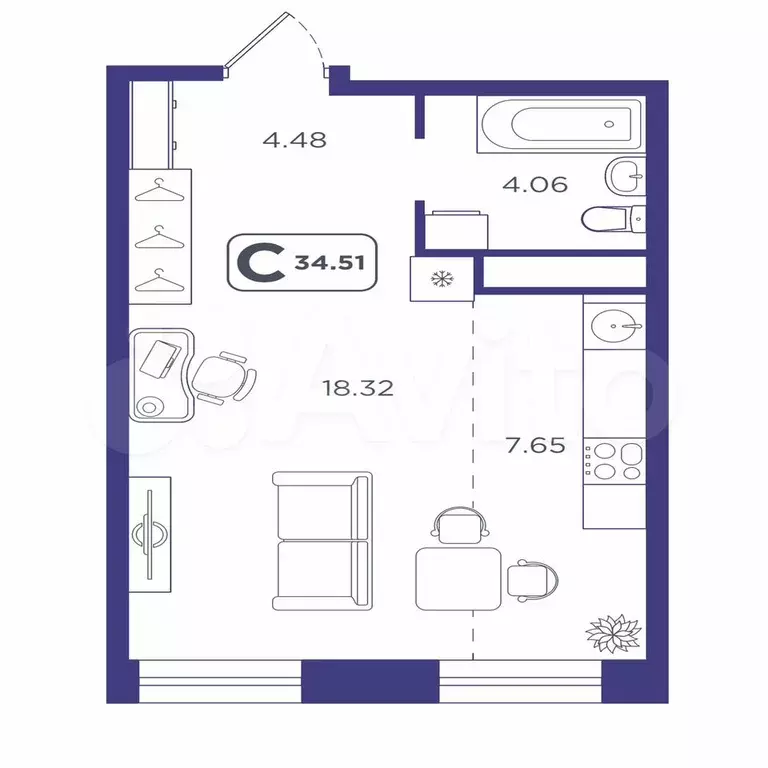Квартира-студия, 34,5 м, 9/10 эт. - Фото 1