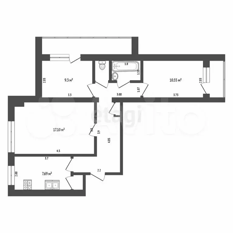 3-к. квартира, 59,9 м, 8/9 эт. - Фото 0