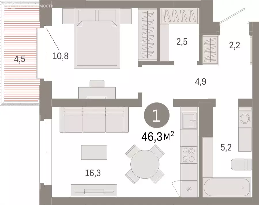 1-комнатная квартира: Тюмень, жилой комплекс На Минской (46.33 м) - Фото 1