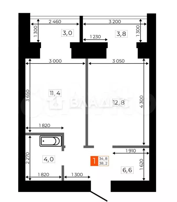 1-к. квартира, 38,1 м, 6/9 эт. - Фото 0