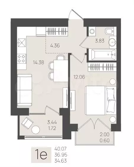 1-к. квартира, 36,4 м, 5/9 эт. - Фото 1