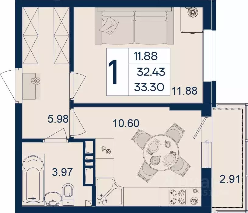 1-к кв. Краснодарский край, Краснодар  (33.3 м) - Фото 1