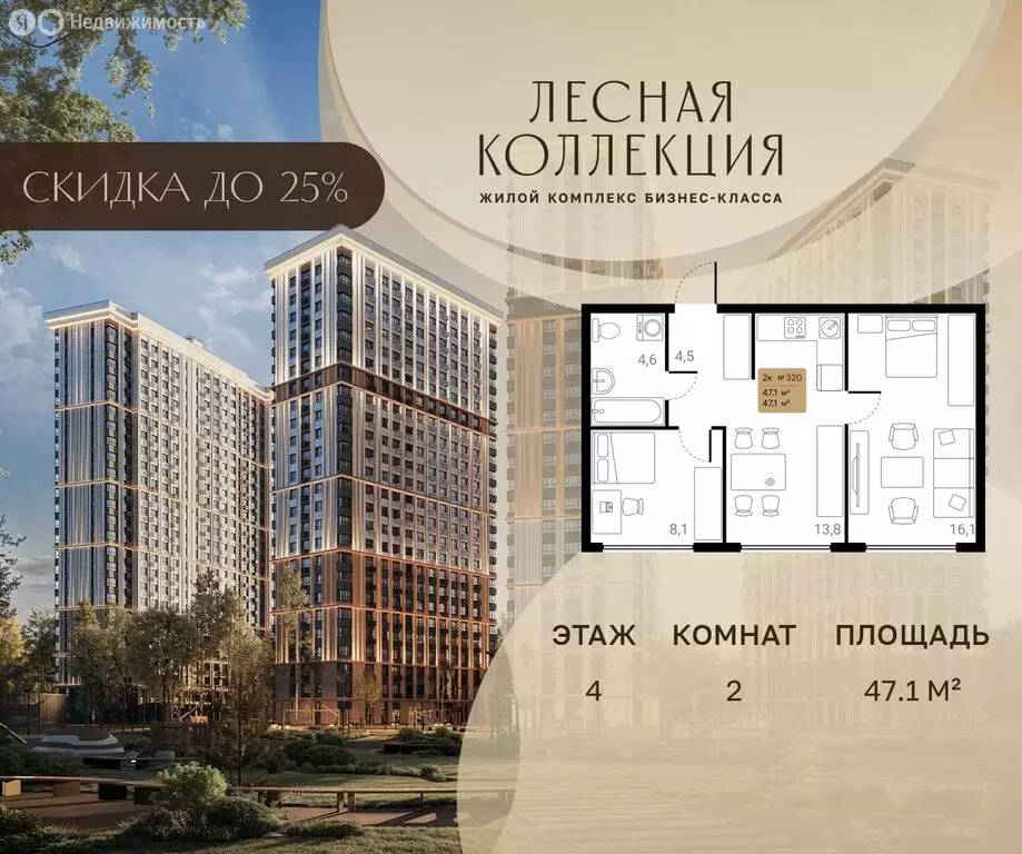 2-комнатная квартира: Химки, ЖК Лесная Коллекция (47.1 м) - Фото 1