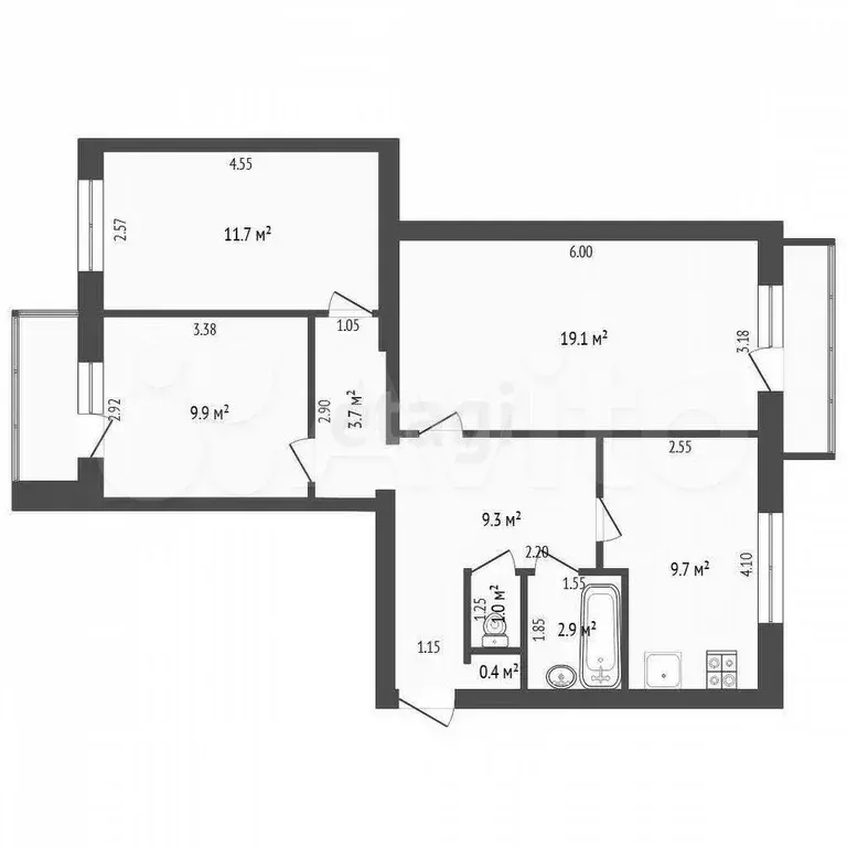 3-к. квартира, 67,7 м, 3/3 эт. - Фото 0