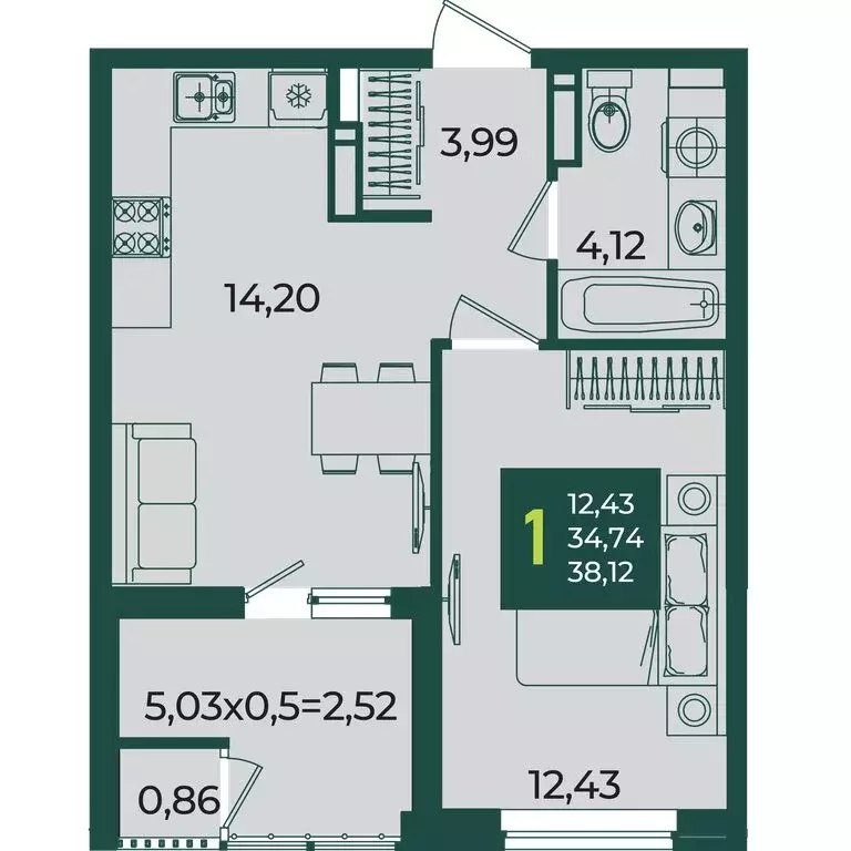 1-комнатная квартира: Краснодар, улица Адмирала Макарова, 5/1 (38.12 ... - Фото 1