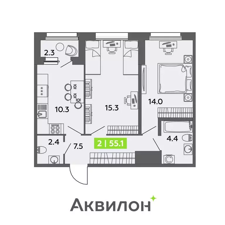 2-комнатная квартира: Санкт-Петербург, улица Чирикова, 5 (55.1 м) - Фото 0