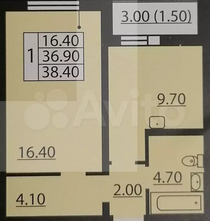 1-к. квартира, 38,4 м, 3/23 эт. - Фото 0