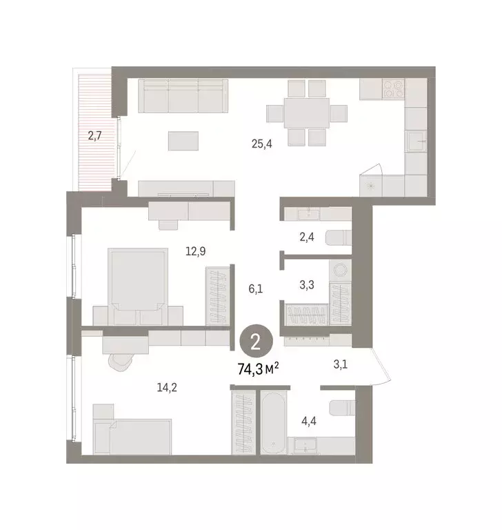 2-комнатная квартира: Пермь, улица Солдатова (74.82 м) - Фото 2