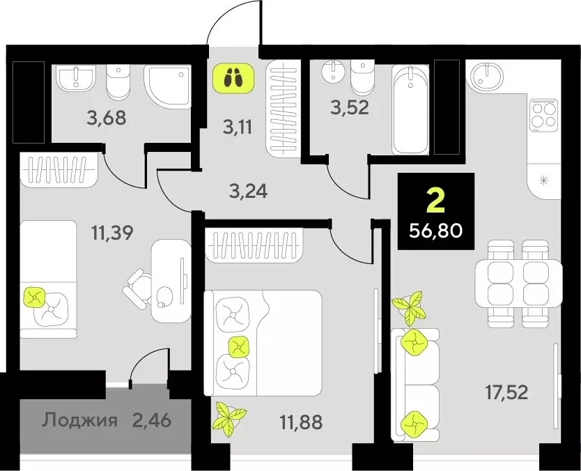 2-комнатная квартира: Тюмень, улица Пожарных и Спасателей, 8 (56.8 м) - Фото 0