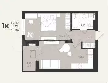 1-к. квартира, 43 м, 2/4 эт. - Фото 1