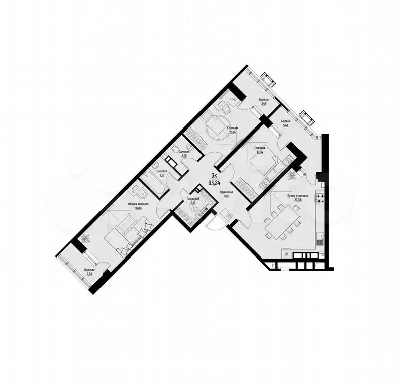 3-к. квартира, 93,2 м, 12/12 эт. - Фото 1