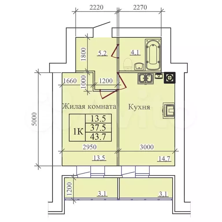 1-к. квартира, 43,7м, 3/14эт. - Фото 0