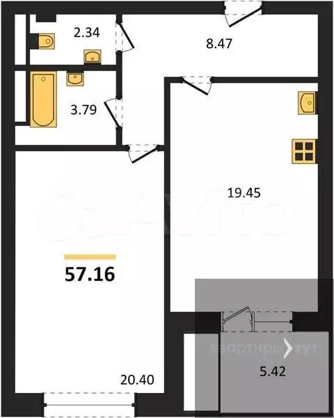 1-к. квартира, 57,2 м, 7/9 эт. - Фото 0