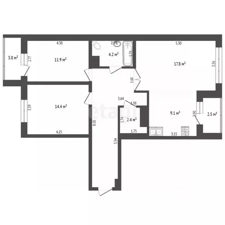 3-к кв. Тюменская область, Тюмень ул. Ю.-Р.Г. Эрвье, 26 (76.4 м) - Фото 2