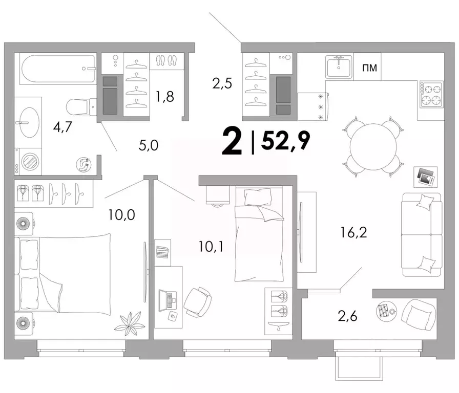 2-к кв. Владимирская область, Владимир Уно жилой комплекс (52.9 м) - Фото 1