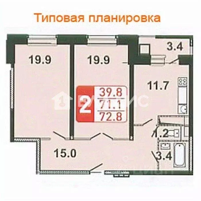 Квартира, 2 комнаты, 72.8 м - Фото 2