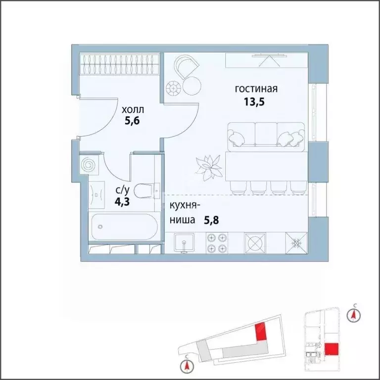 Студия Москва проезд Шелихова, 2 (30.0 м) - Фото 2