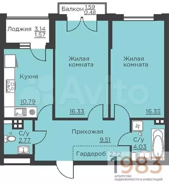 2-к. квартира, 64,6 м, 4/18 эт. - Фото 0