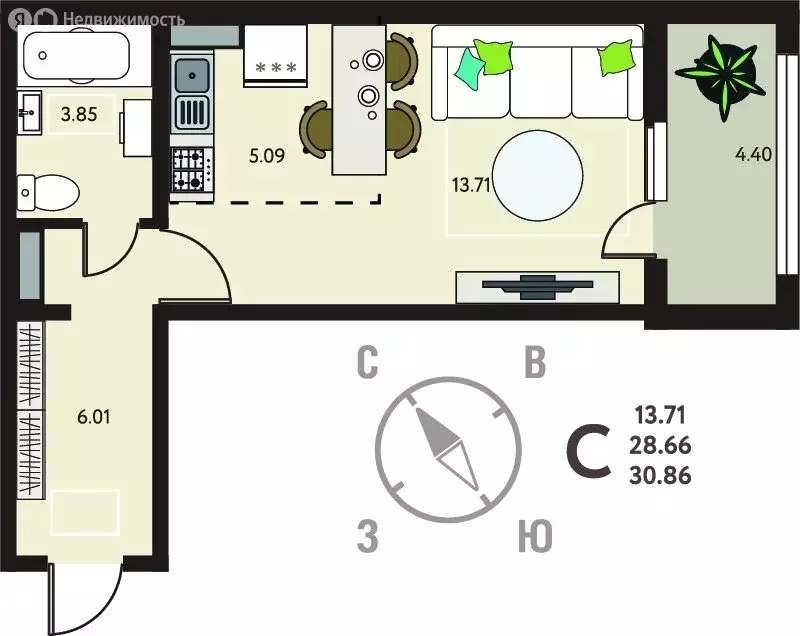 Квартира-студия: Липецк, ЖК Инстеп. Механизаторов (30.86 м) - Фото 1
