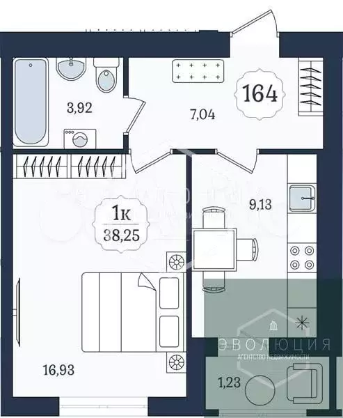 1-к. квартира, 38,3 м, 6/9 эт. - Фото 0