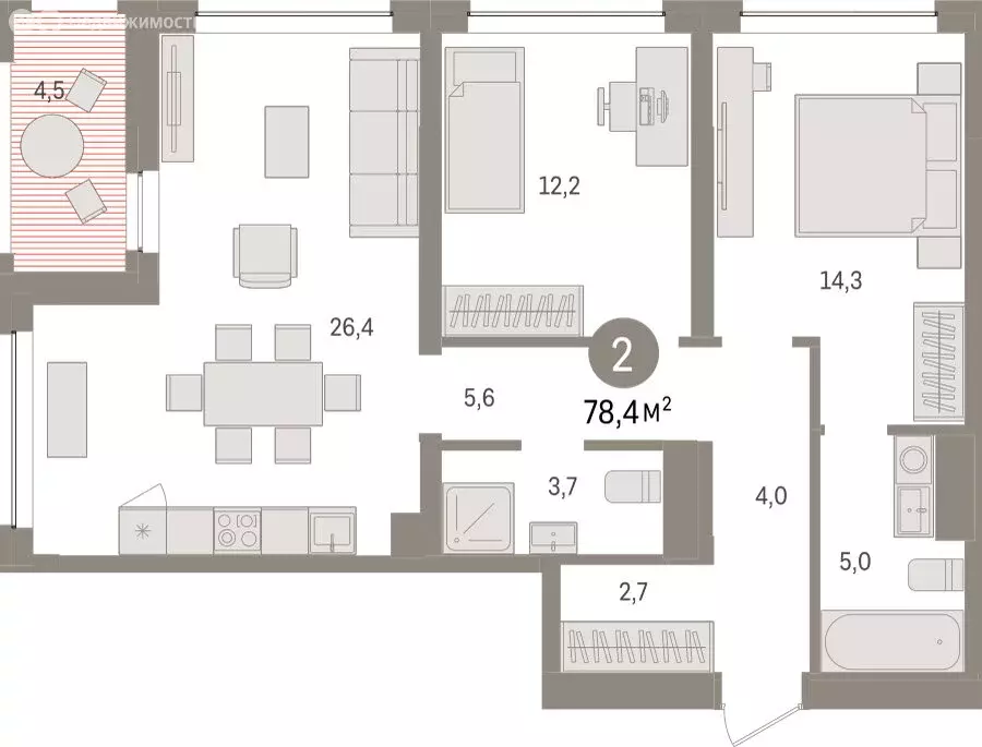 2-комнатная квартира: Тюмень, ЖК Дом у Озера (78.37 м) - Фото 2