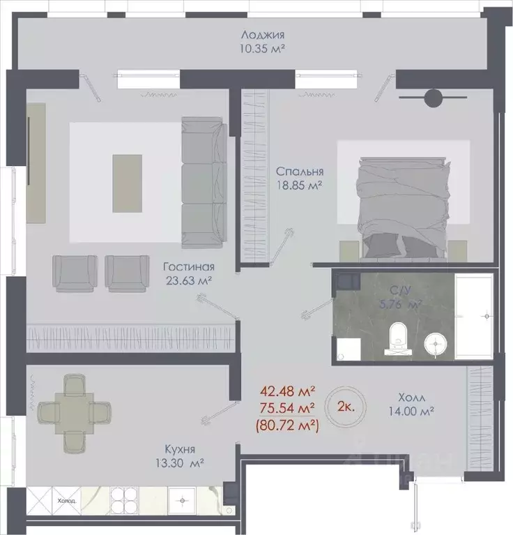 2-к кв. Воронежская область, Воронеж ул. Любы Шевцовой, 31 (80.72 м) - Фото 1