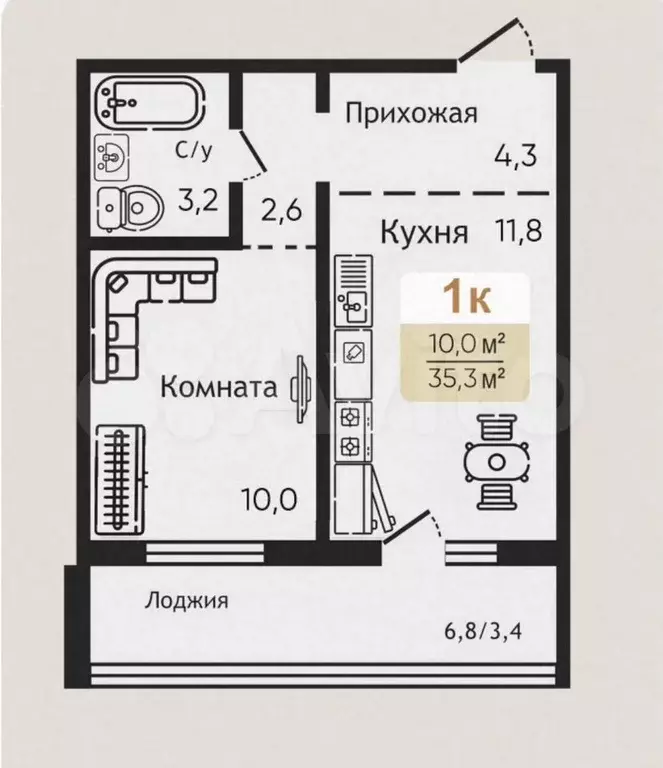 1-к. квартира, 35,3 м, 4/10 эт. - Фото 1