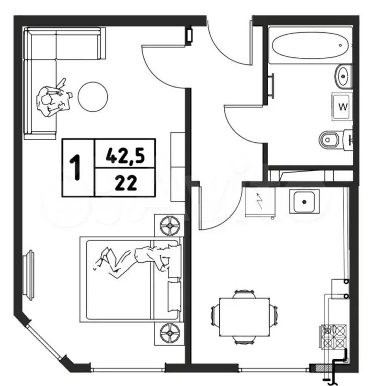 1-к. квартира, 43 м, 2/3 эт. - Фото 0