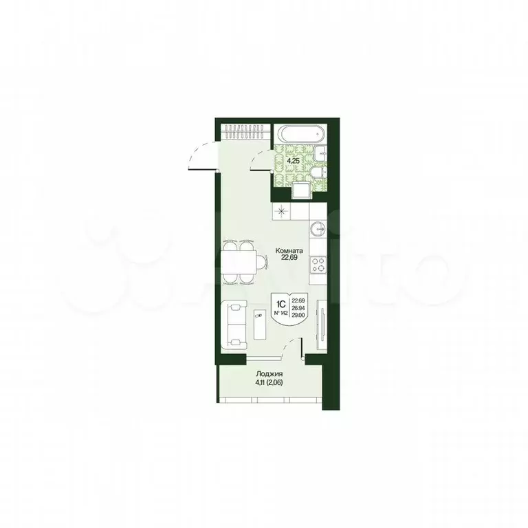 Квартира-студия, 29 м, 3/4 эт. - Фото 0