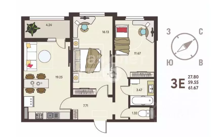 2-к кв. Липецкая область, Липецк ул. Механизаторов, 15Авл1 (61.67 м) - Фото 0