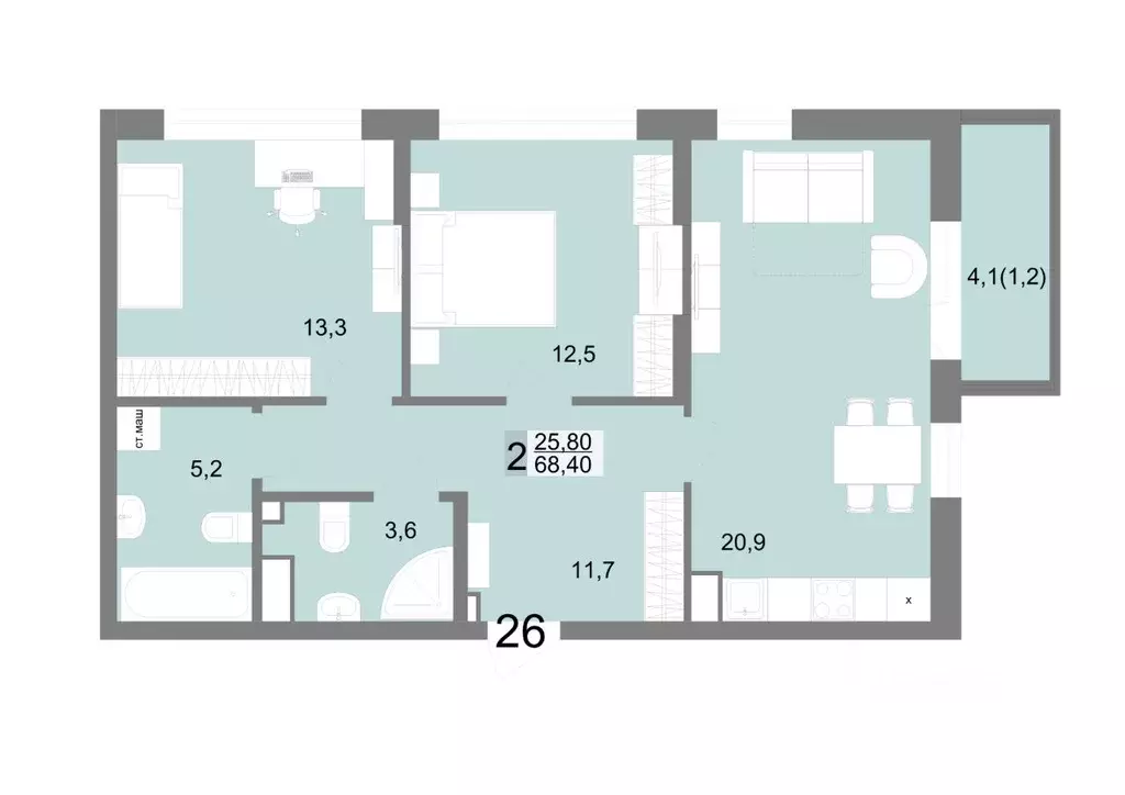 2-к кв. Свердловская область, Екатеринбург ул. Семена Лагоды, 80 (68.4 ... - Фото 1